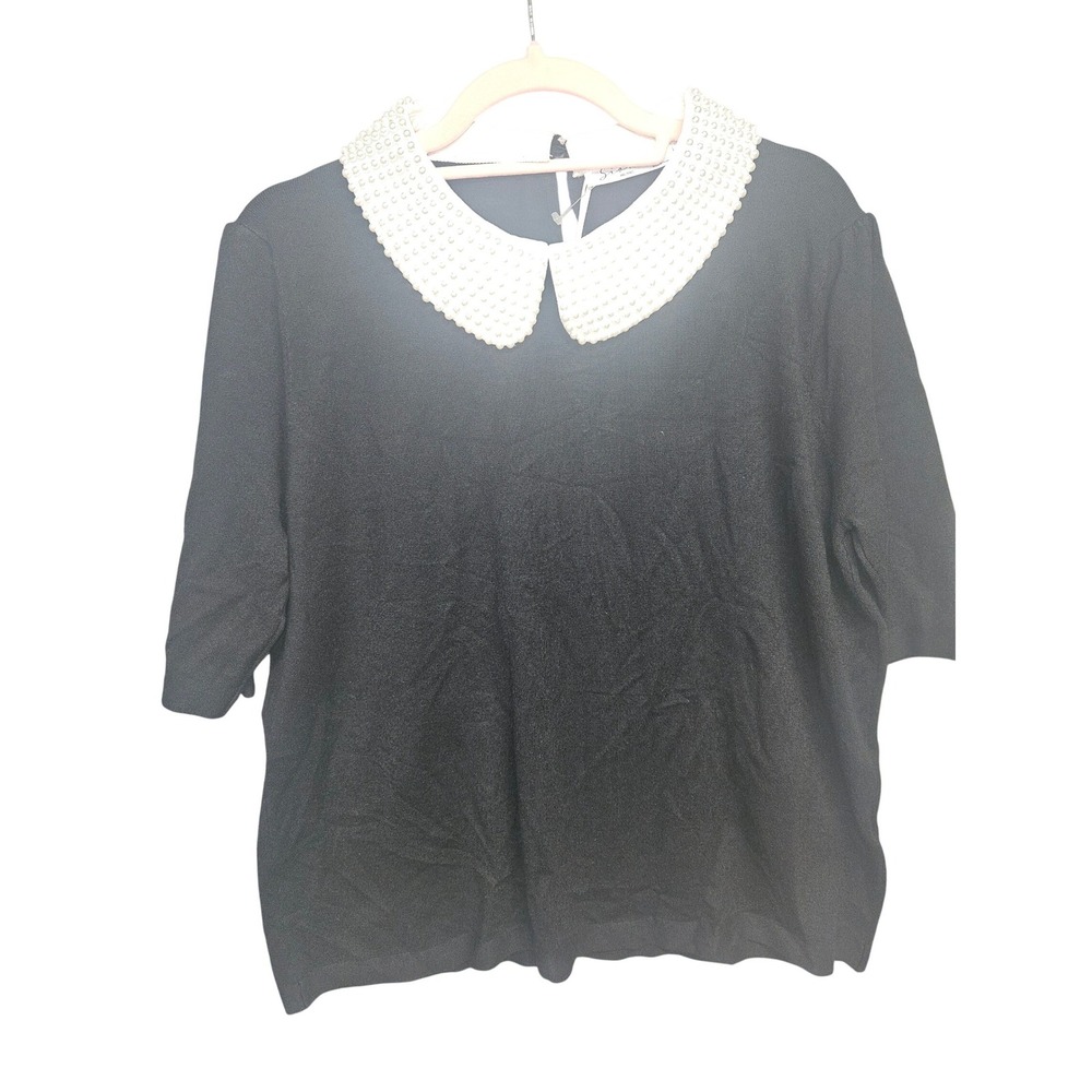 Sioni Milano Womens XL Black Pearl Embellished Peter Pan Collar Knit Top NEW